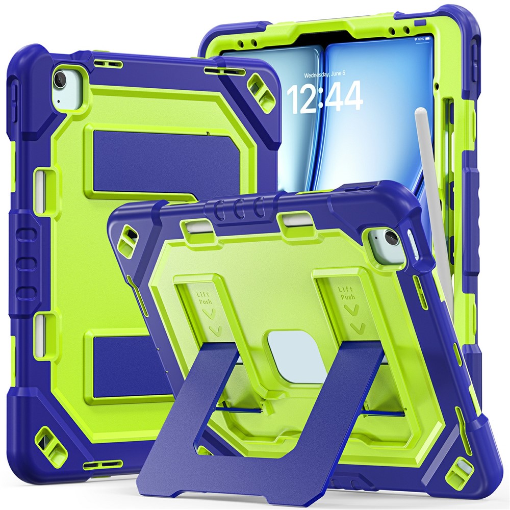 Tablet Case For iPad Air 13 (2026) / (2025) / (2024) / iPad Pro 12.9 (2022) / (2021) / (2020) / (2018) Kickstand PC + TPU + Silicone Cover with Pen Holder - Navy Blue+Yellowgreen