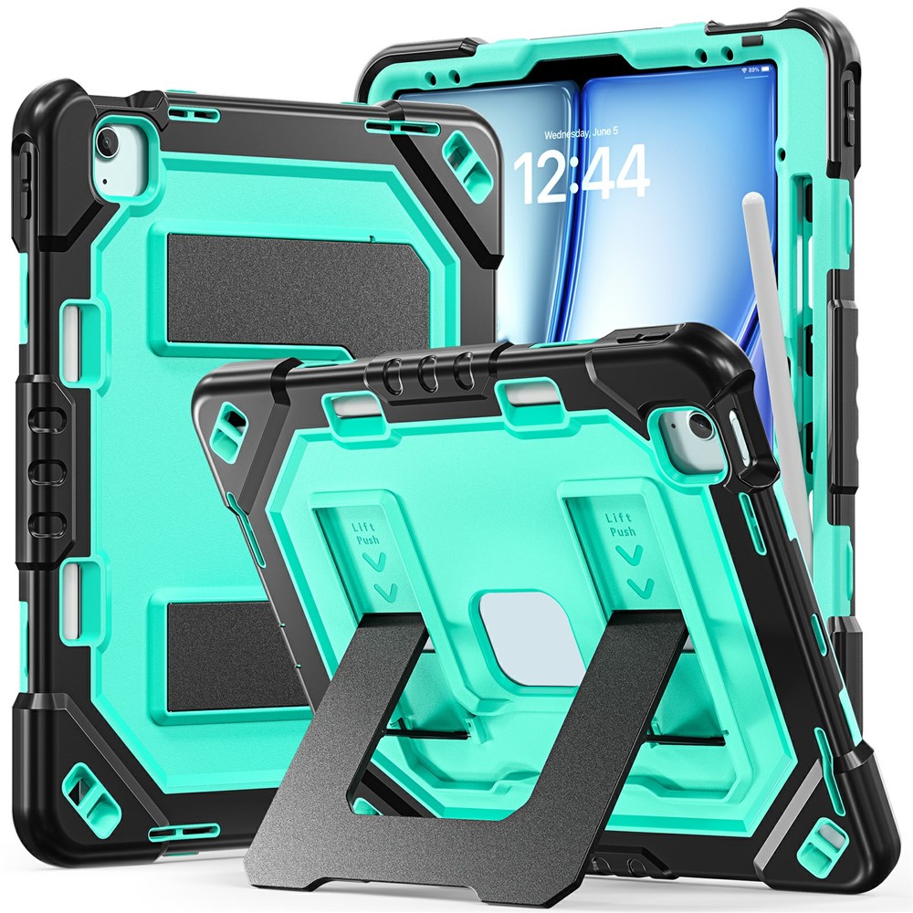 Tablet Case For iPad Air 13 (2026) / (2025) / (2024) / iPad Pro 12.9 (2022) / (2021) / (2020) / (2018) Kickstand PC + TPU + Silicone Cover with Pen Holder - Black+Mint Green