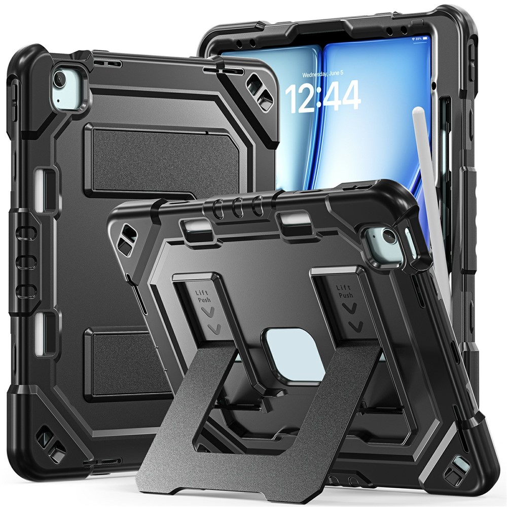Tablet Case For iPad Air 13 (2026) / (2025) / (2024) / iPad Pro 12.9 (2022) / (2021) / (2020) / (2018) Kickstand PC + TPU + Silicone Cover with Pen Holder - Black