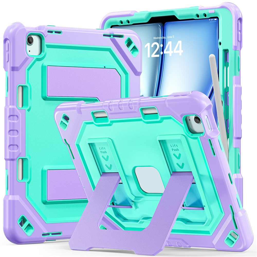 Tablet Case For iPad Air 13 (2026) / (2025) / (2024) / iPad Pro 12.9 (2022) / (2021) / (2020) / (2018) Kickstand PC + TPU + Silicone Cover with Pen Holder - Purple+Mint Green
