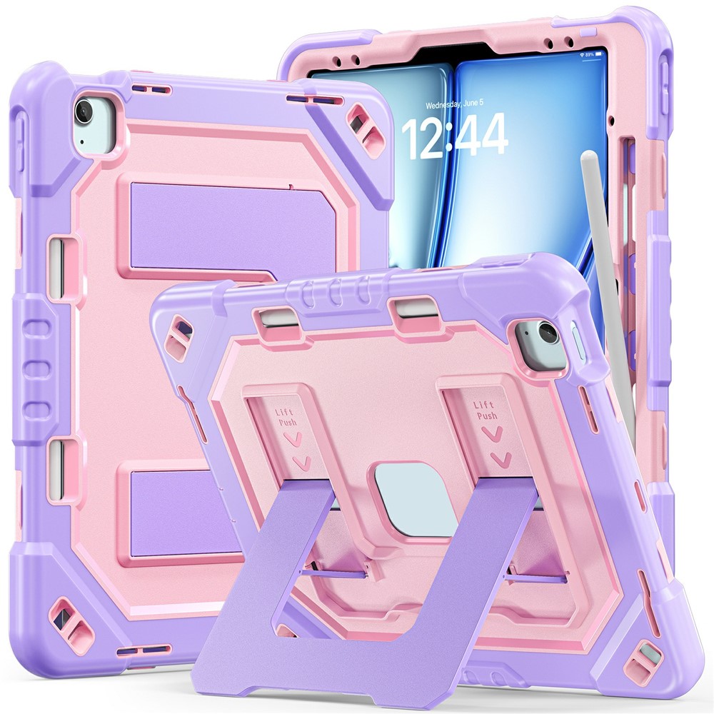 Tablet Case For iPad Air 13 (2026) / (2025) / (2024) / iPad Pro 12.9 (2022) / (2021) / (2020) / (2018) Kickstand PC + TPU + Silicone Cover with Pen Holder - Purple+Rose Gold
