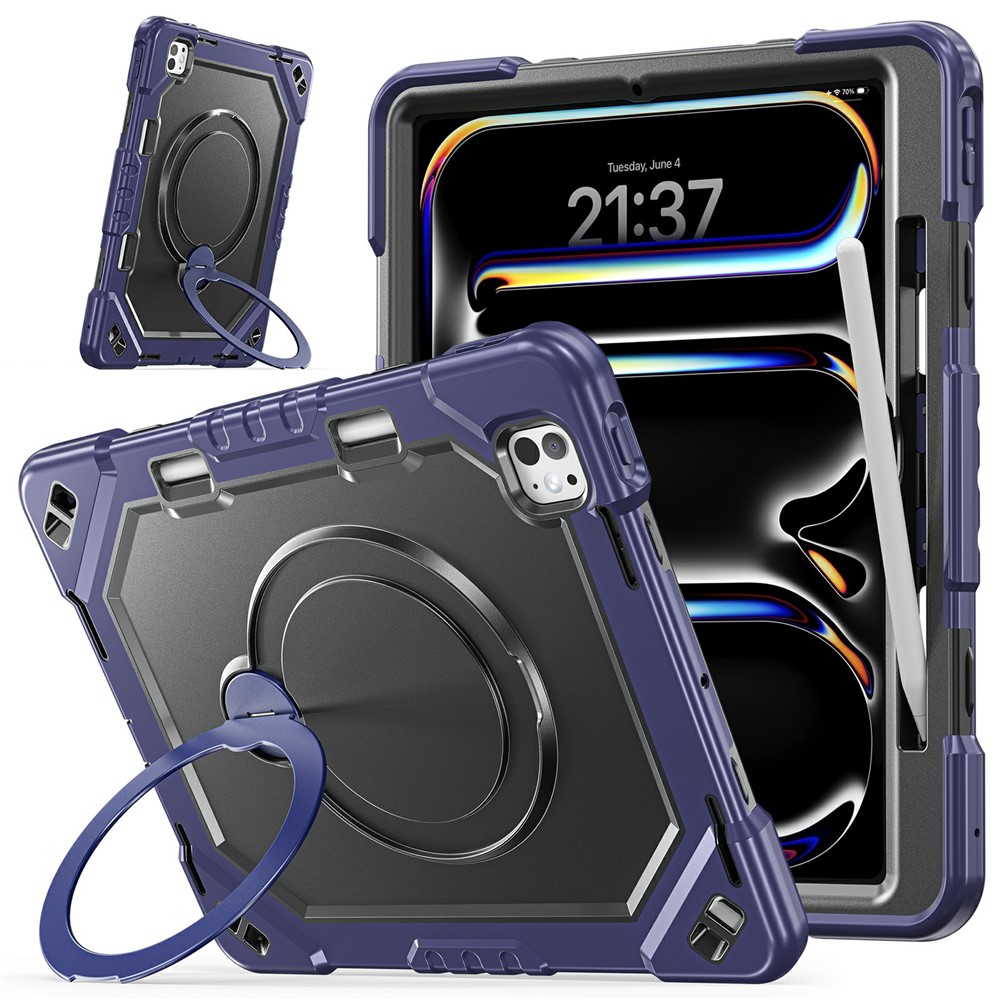 For iPad Pro 13 (2025) / (2024) Case TPU + PC + Silicone Shockproof Tablet Cover with Kickstand Handle Grip - Navy Blue+Black