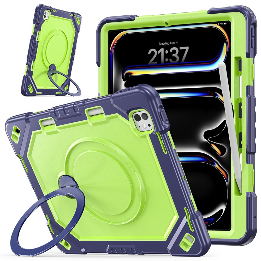 For iPad Pro 13 (2025) / (2024) Case TPU + PC + Silicone Shockproof Tablet Cover with Kickstand Handle Grip - Navy Blue+Yellowgreen