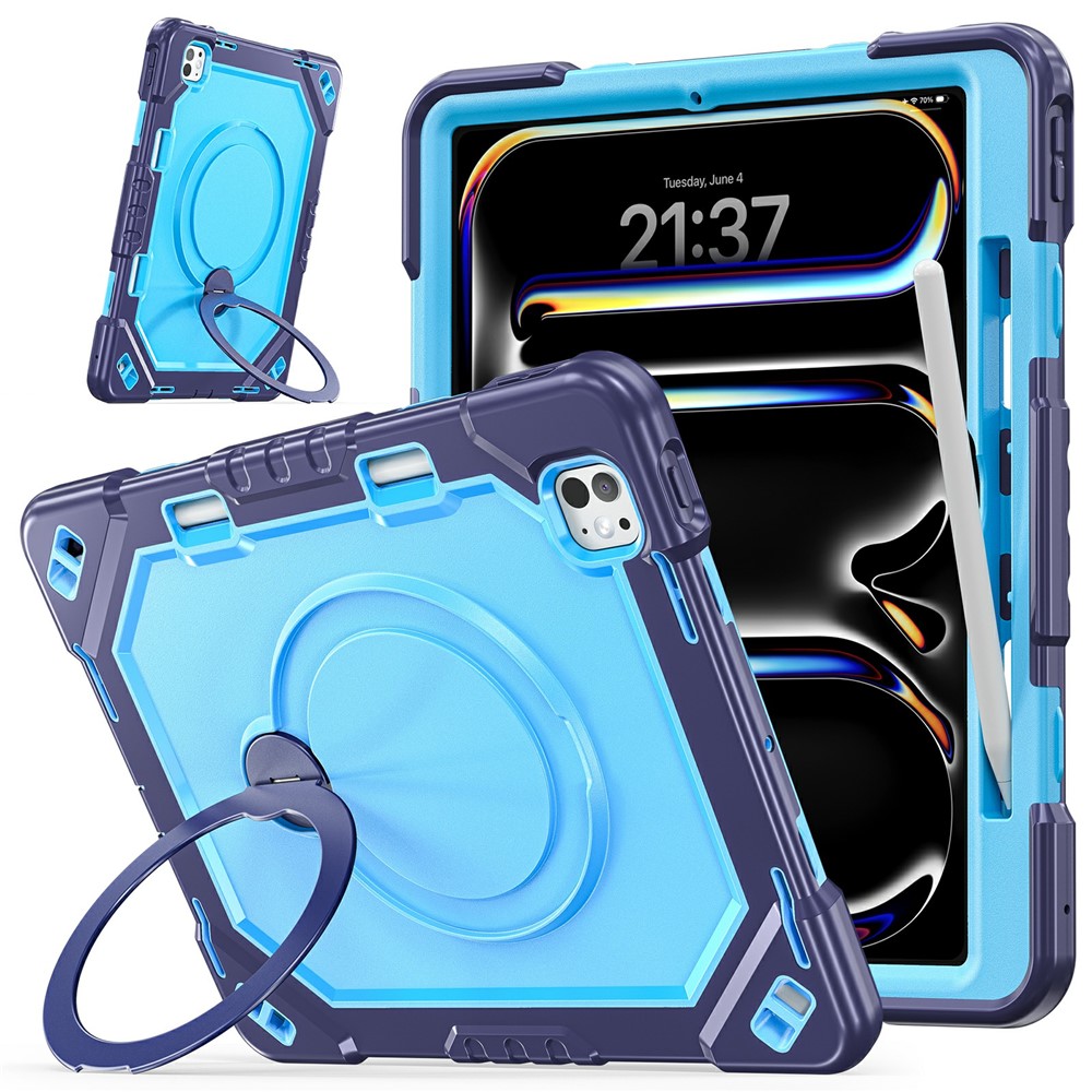 For iPad Pro 13 (2025) / (2024) Case TPU + PC + Silicone Shockproof Tablet Cover with Kickstand Handle Grip - Navy Blue+Blue