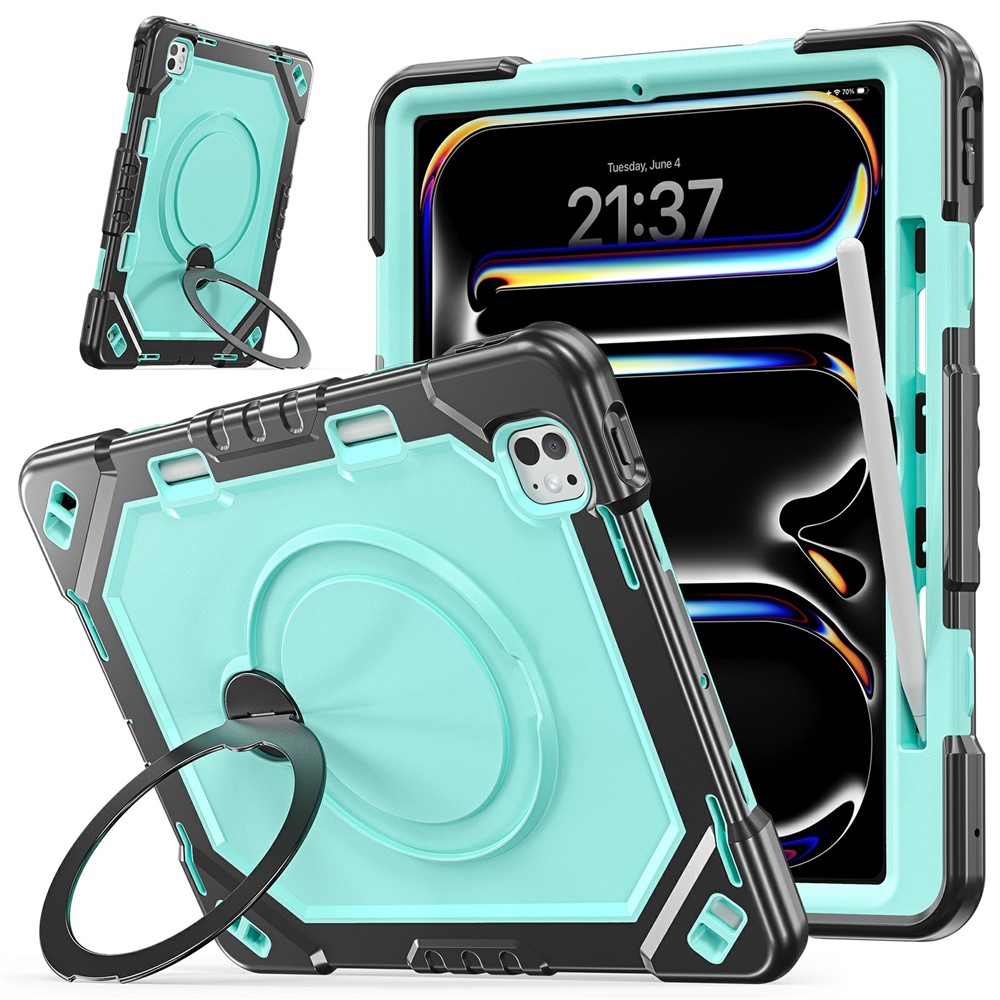 For iPad Pro 13 (2025) / (2024) Case TPU + PC + Silicone Shockproof Tablet Cover with Kickstand Handle Grip - Black+Mint Green