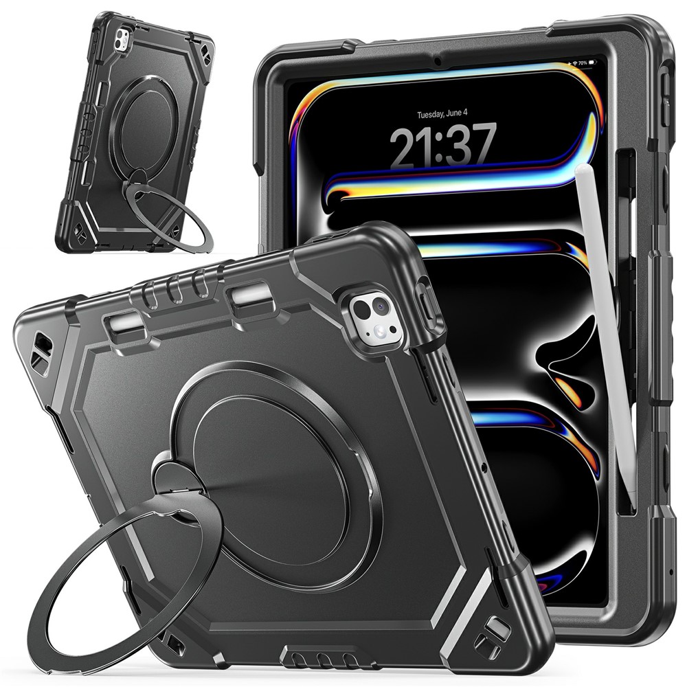 For iPad Pro 13 (2025) / (2024) Case TPU + PC + Silicone Shockproof Tablet Cover with Kickstand Handle Grip - Black