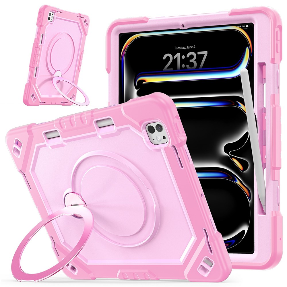 For iPad Pro 13 (2025) / (2024) Case TPU + PC + Silicone Shockproof Tablet Cover with Kickstand Handle Grip - Rose Gold