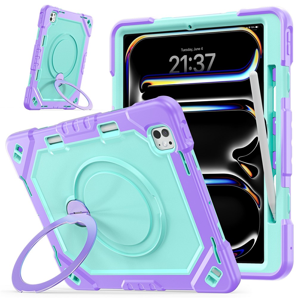 For iPad Pro 13 (2025) / (2024) Case TPU + PC + Silicone Shockproof Tablet Cover with Kickstand Handle Grip - Taro Purple+Mint Green