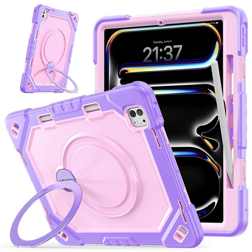 For iPad Pro 13 (2025) / (2024) Case TPU + PC + Silicone Shockproof Tablet Cover with Kickstand Handle Grip - Taro Purple+Rose Gold