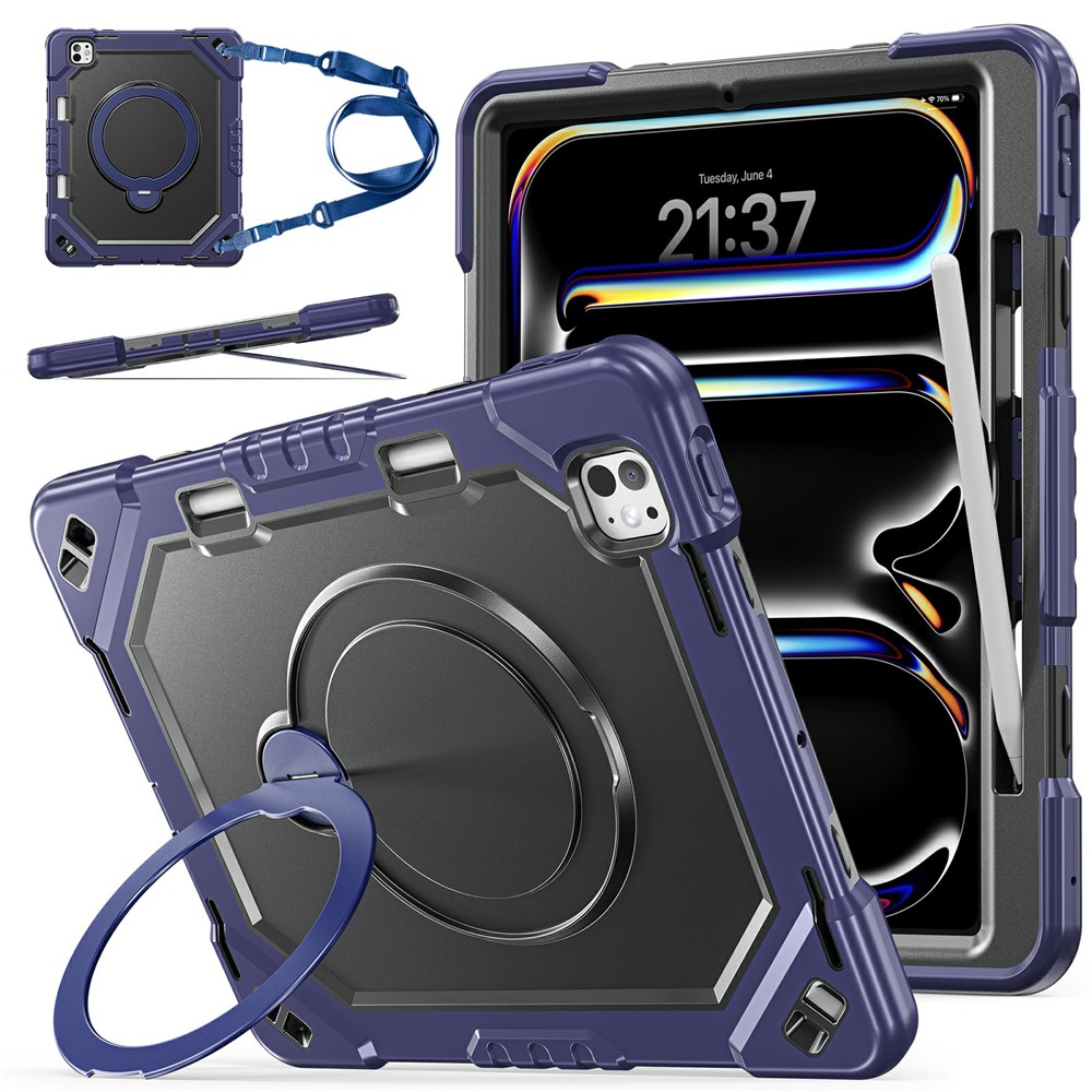 For iPad Pro 13 (2025) / (2024) Case Kickstand TPU + PC + Silicone Tablet Cover with Shoulder Strap - Navy Blue+Black