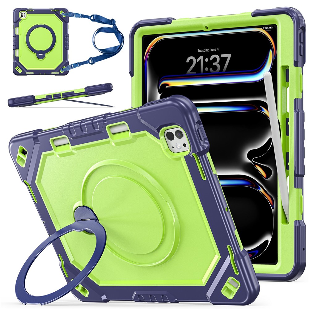 For iPad Pro 13 (2025) / (2024) Case Kickstand TPU + PC + Silicone Tablet Cover with Shoulder Strap - Navy Blue+Yellowgreen