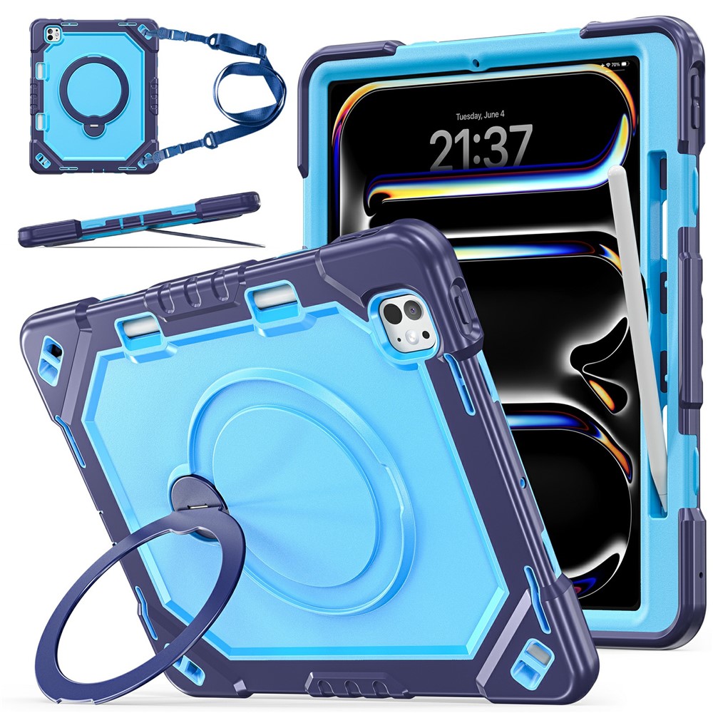 For iPad Pro 13 (2025) / (2024) Case Kickstand TPU + PC + Silicone Tablet Cover with Shoulder Strap - Navy Blue+Blue
