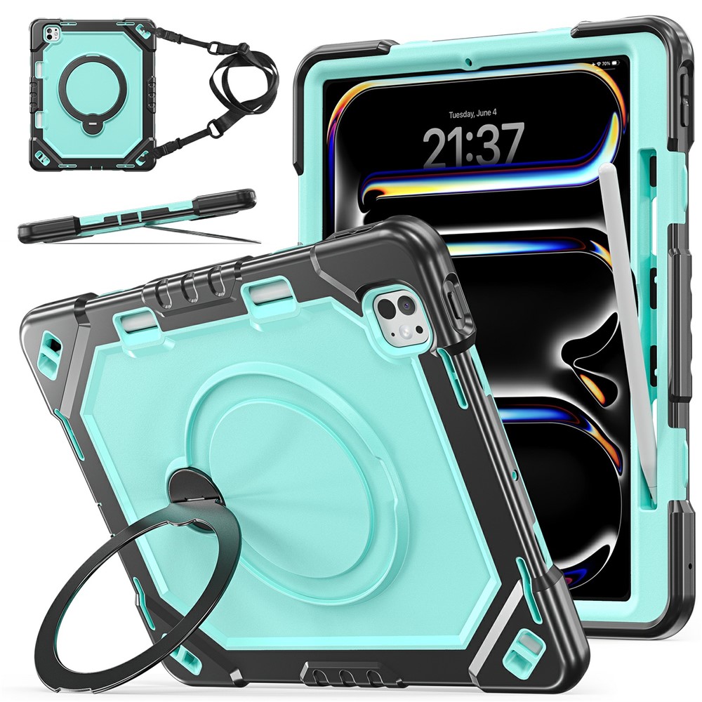 For iPad Pro 13 (2025) / (2024) Case Kickstand TPU + PC + Silicone Tablet Cover with Shoulder Strap - Black+Mint Green