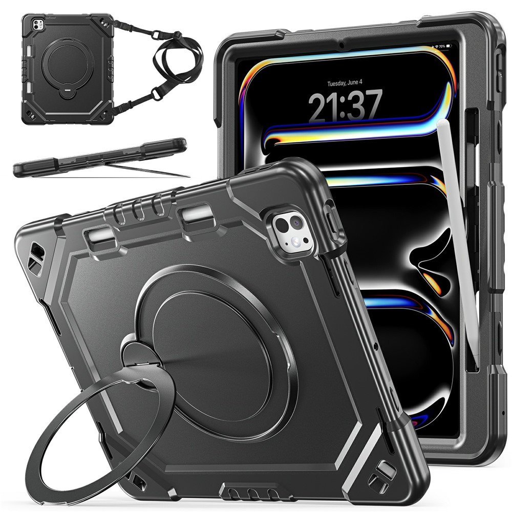 For iPad Pro 13 (2025) / (2024) Case Kickstand TPU + PC + Silicone Tablet Cover with Shoulder Strap - Black