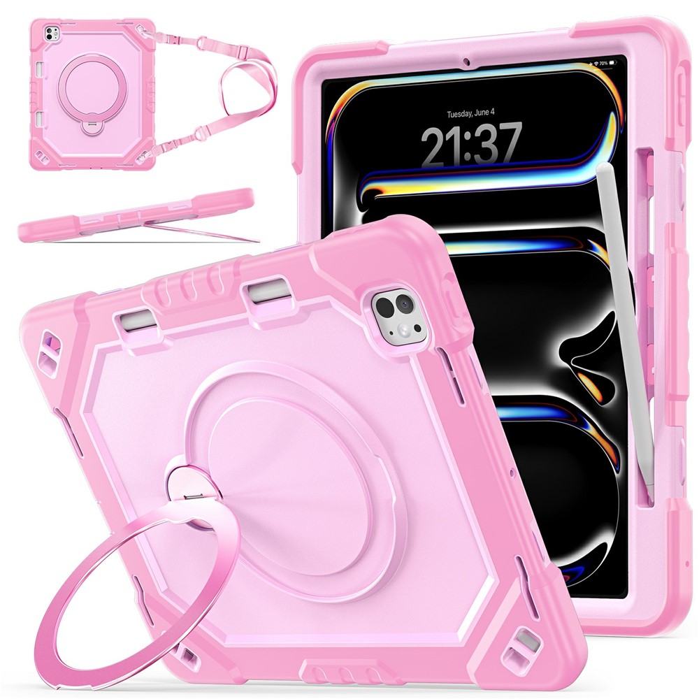 For iPad Pro 13 (2025) / (2024) Case Kickstand TPU + PC + Silicone Tablet Cover with Shoulder Strap - Rose Gold