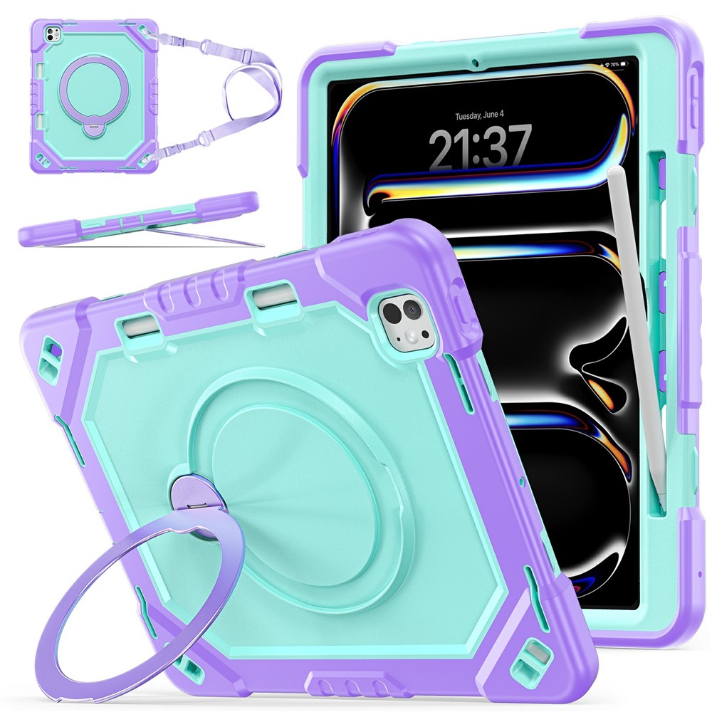 For iPad Pro 13 (2025) / (2024) Case Kickstand TPU + PC + Silicone Tablet Cover with Shoulder Strap - Taro Purple+Mint Green