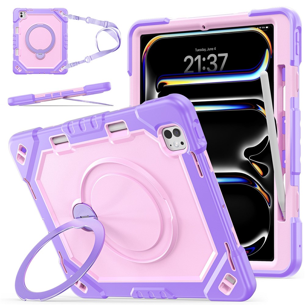 For iPad Pro 13 (2025) / (2024) Case Kickstand TPU + PC + Silicone Tablet Cover with Shoulder Strap - Taro Purple+Rose Gold
