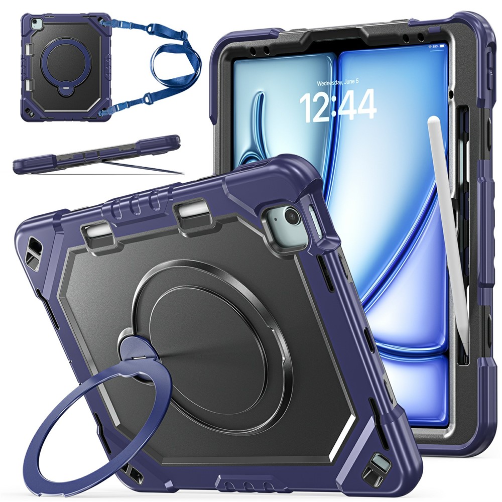 Kickstand Tablet Case for iPad Air 13 (2026) / (2025) / (2024) / Pro 12.9 (2022) / (2021) / (2020) / (2020) TPU + PC + Silicone Cover with Shoulder Strap - Navy Blue+Black