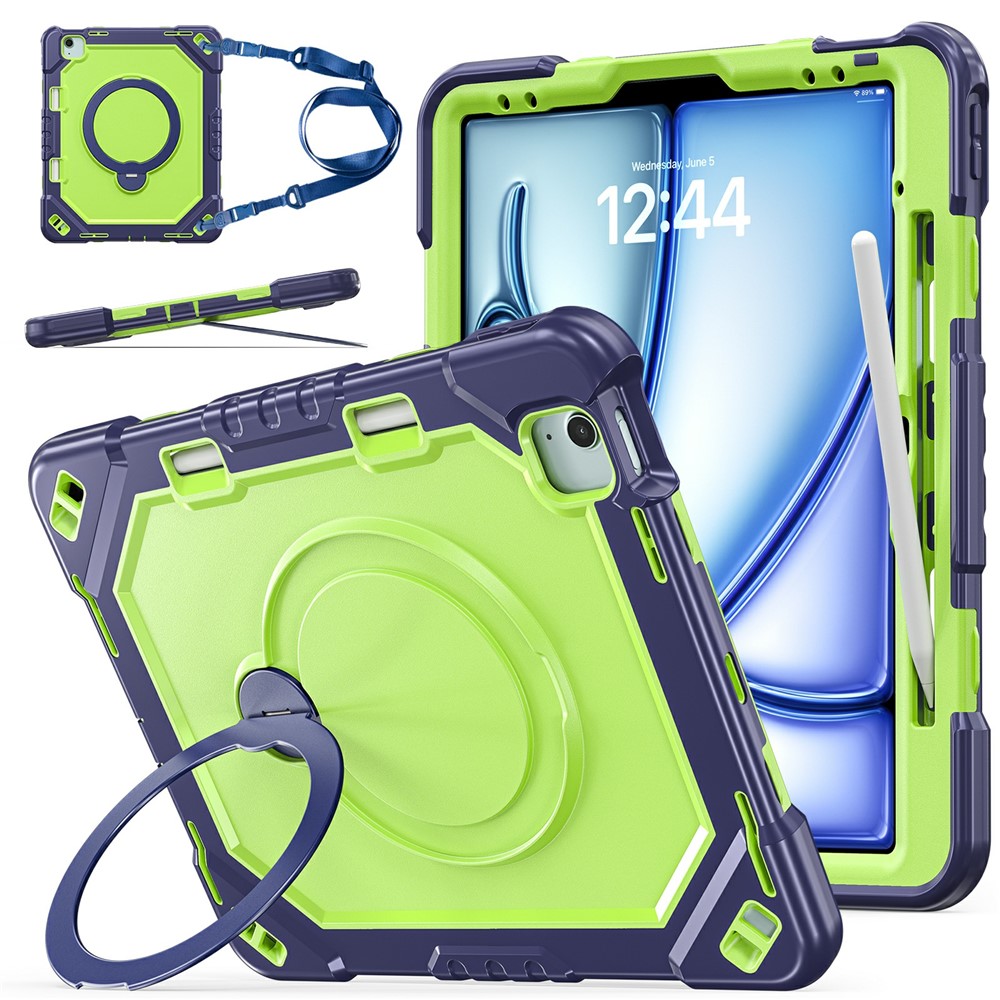 Kickstand Tablet Case for iPad Air 13 (2026) / (2025) / (2024) / Pro 12.9 (2022) / (2021) / (2020) / (2020) TPU + PC + Silicone Cover with Shoulder Strap - Navy Blue+Yellowgreen
