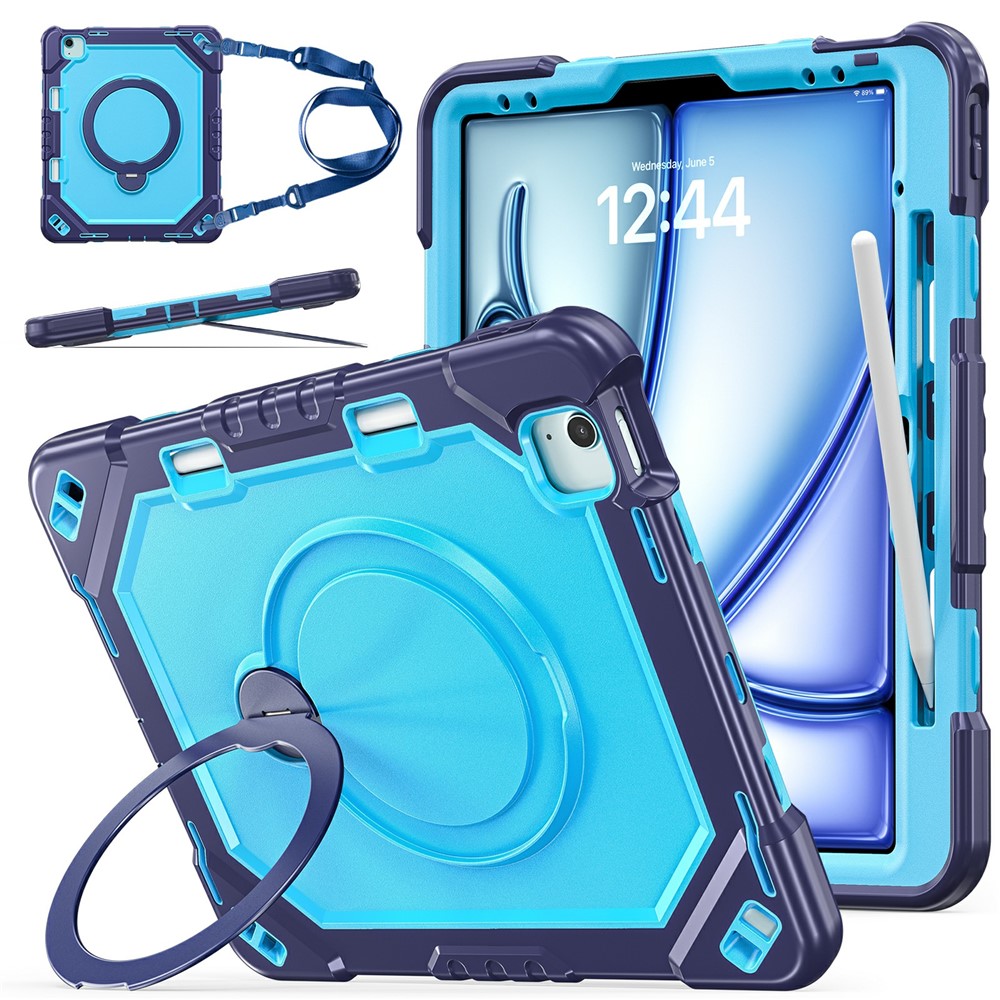 Kickstand Tablet Case for iPad Air 13 (2026)  /  (2025)  /  (2024)  /  Pro 12.9 (2022)  /  (2021)  /  (2020)  /  (2020) TPU + PC + Silicone Cover with Shoulder Strap - Navy Blue+Blue