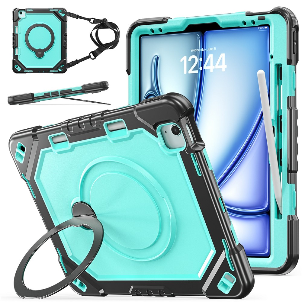 Kickstand Tablet Case for iPad Air 13 (2026) / (2025) / (2024) / Pro 12.9 (2022) / (2021) / (2020) / (2020) TPU + PC + Silicone Cover with Shoulder Strap - Black+Mint Green