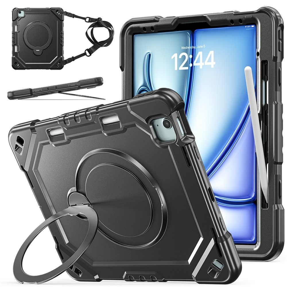 Kickstand Tablet Case for iPad Air 13 (2026) / (2025) / (2024) / Pro 12.9 (2022) / (2021) / (2020) / (2020) TPU + PC + Silicone Cover with Shoulder Strap - Black