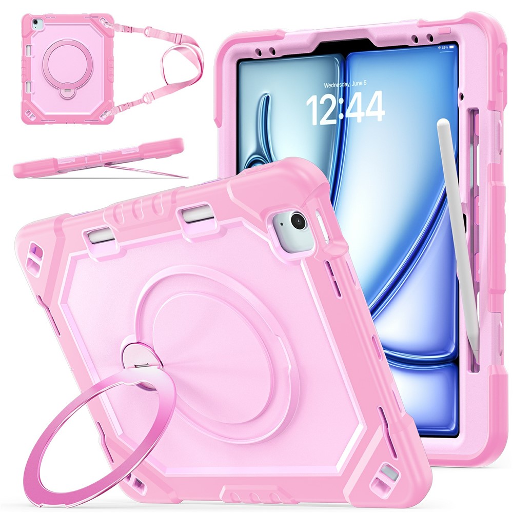 Kickstand Tablet Case for iPad Air 13 (2026) / (2025) / (2024) / Pro 12.9 (2022) / (2021) / (2020) / (2020) TPU + PC + Silicone Cover with Shoulder Strap - Rose Gold