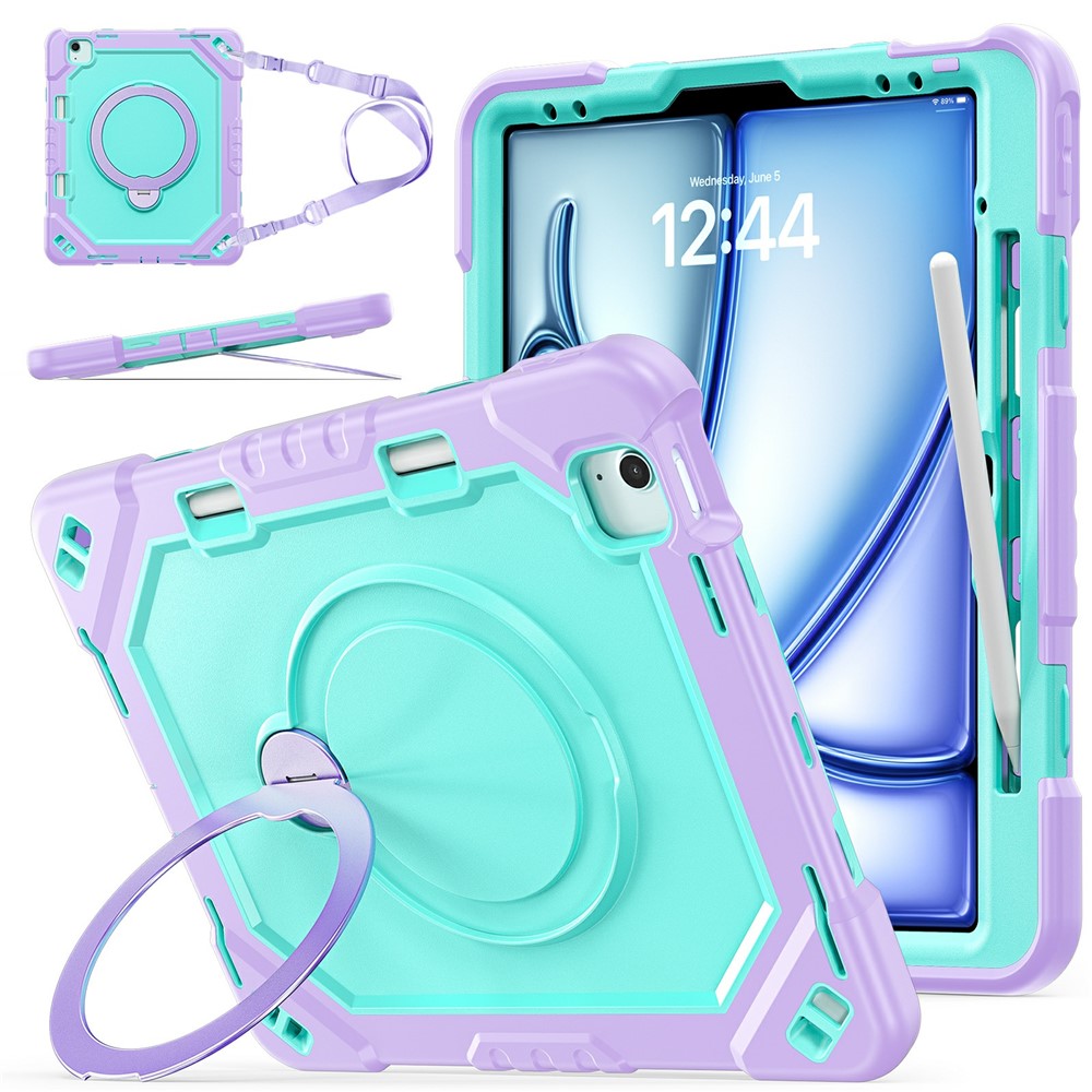 Kickstand Tablet Case for iPad Air 13 (2026)  /  (2025)  /  (2024)  /  Pro 12.9 (2022)  /  (2021)  /  (2020)  /  (2020) TPU + PC + Silicone Cover with Shoulder Strap - Taro Purple+Mint Green