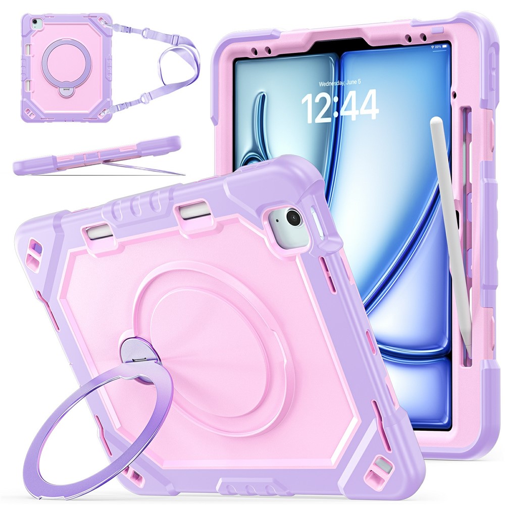 Kickstand Tablet Case for iPad Air 13 (2026) / (2025) / (2024) / Pro 12.9 (2022) / (2021) / (2020) / (2020) TPU + PC + Silicone Cover with Shoulder Strap - Taro Purple+Rose Gold