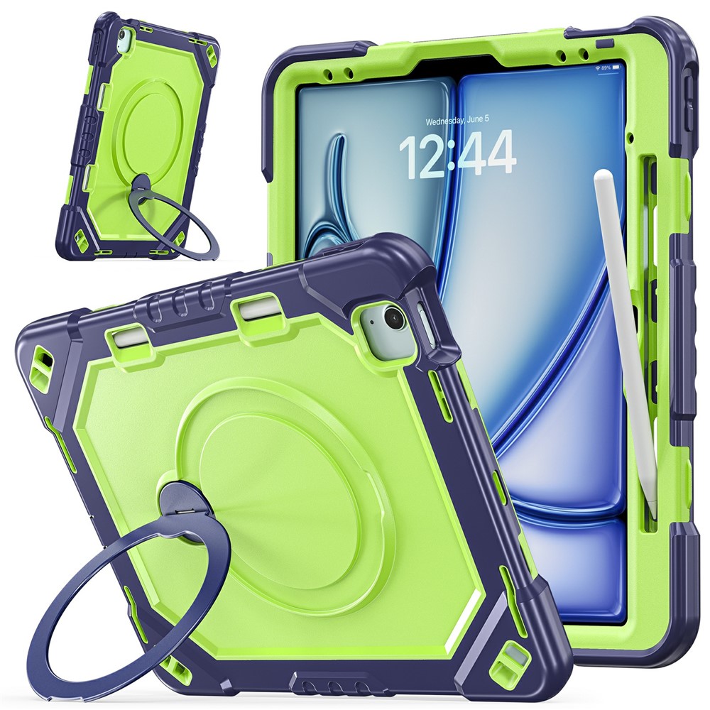 For iPad Air 13 (2026) / (2025) / (2024) / Pro 12.9 (2022) / (2021) / (2020) / (2018) Case TPU + PC + Silicone Shockproof Tablet Cover with Kickstand Handle Grip - Taro Purple+Mint Green - Navy Blue+Yellowgreen