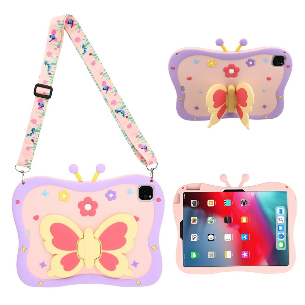 Protective Case For iPad Air 11 (2026) / (2025) / (2024) / iPad Pro 11 (2022) / (2021) / (2020) / (2018) / Air (2022) / (2020) , 3D Butterfly Kickstand Silicone Tablet Cover with Shoulder Strap