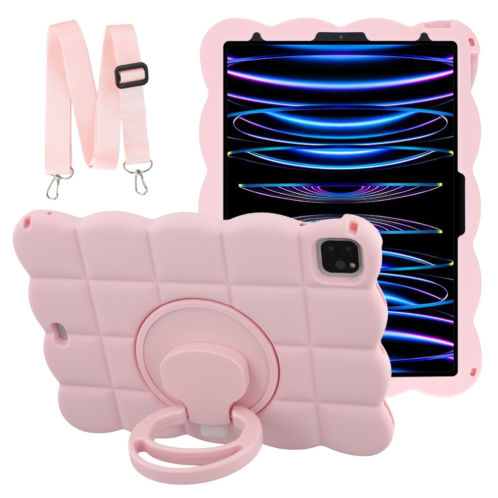 Tablet Case for iPad Air 11 (2026) / (2025) / (2024) / Air (2022) / (2020) / iPad Pro 11 (2022) / (2021) / (2020) / (2018) , Rotating Kickstand Square Texture Silicone Cover with Shoulder Strap - Pink