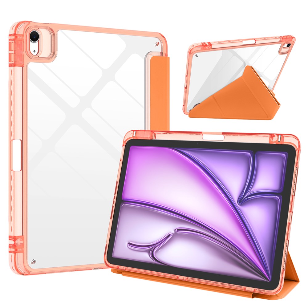 For iPad Air 13 (2026) / (2025) / (2024) Tablet Case Origami Stand Transparent Leather + TPU + Clear Acrylic Back Cover - Orange