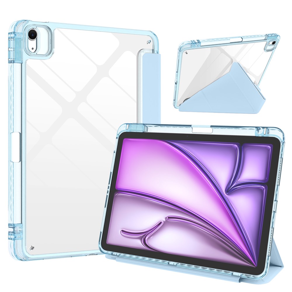 For iPad Air 13 (2026)  /  (2025)  /  (2024) Tablet Case Origami Stand Transparent Leather + TPU + Clear Acrylic Back Cover - Baby Blue