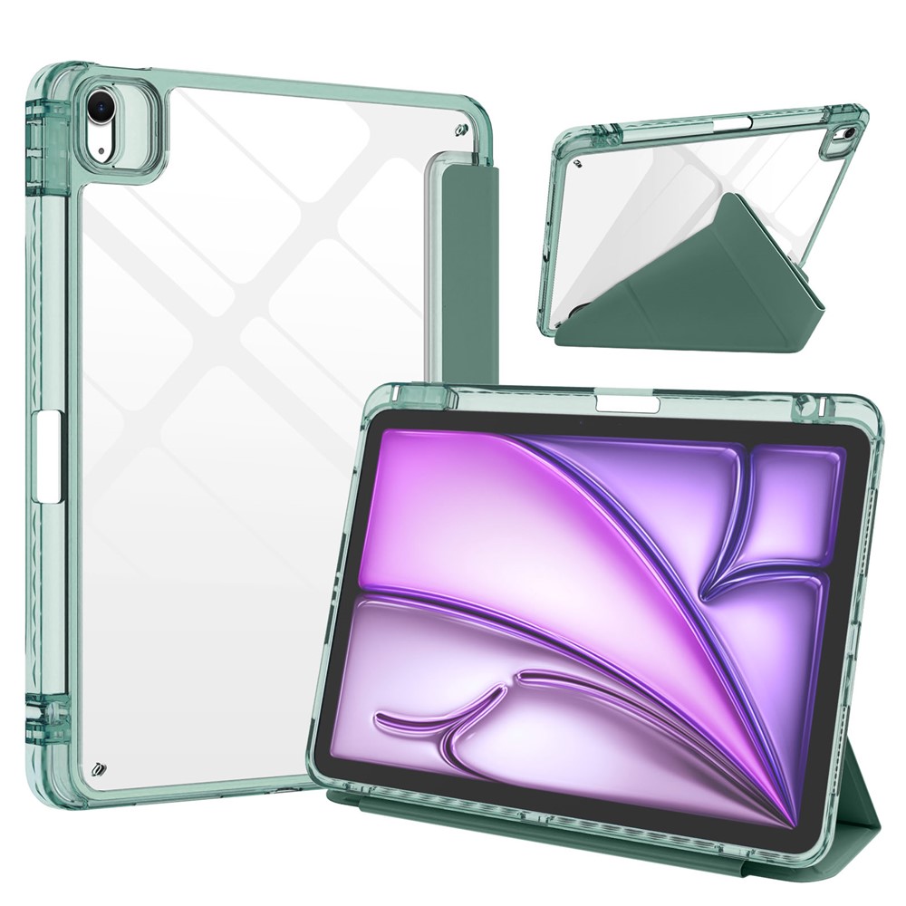 For iPad Air 13 (2026) / (2025) / (2024) Tablet Case Origami Stand Transparent Leather + TPU + Clear Acrylic Back Cover - Dark Green