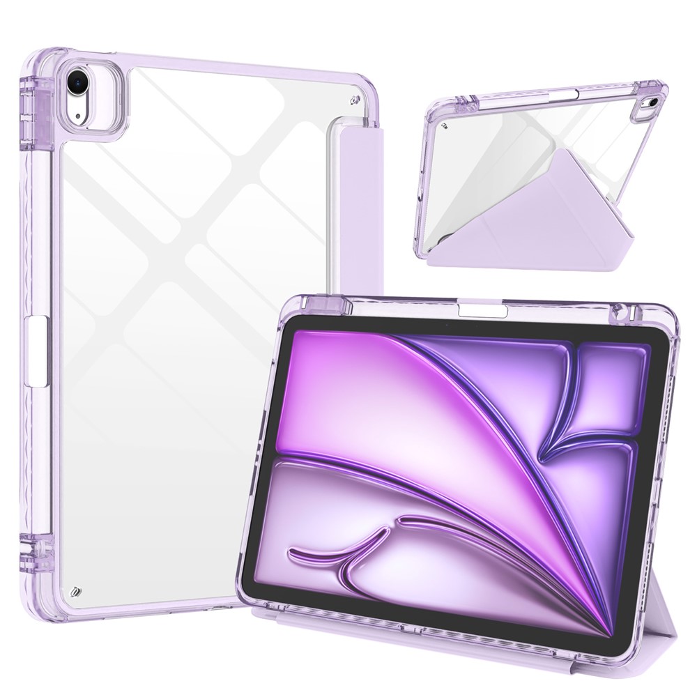 For iPad Air 13 (2026)  /  (2025)  /  (2024) Tablet Case Origami Stand Transparent Leather + TPU + Clear Acrylic Back Cover - Lavender Purple