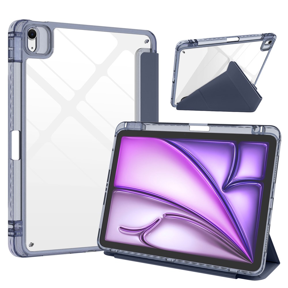 For iPad Air 13 (2026)  /  (2025)  /  (2024) Tablet Case Origami Stand Transparent Leather + TPU + Clear Acrylic Back Cover - Dark Blue