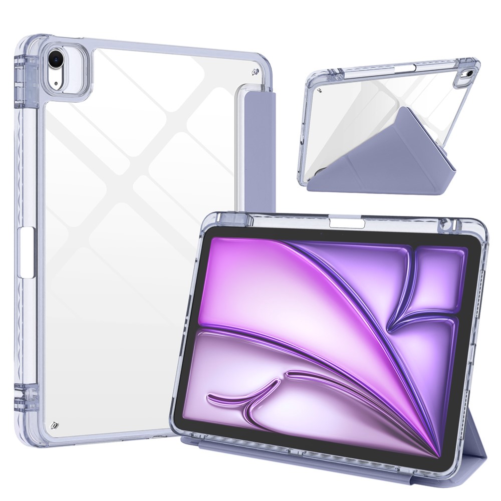 For iPad Air 13 (2026)  /  (2025)  /  (2024) Tablet Case Origami Stand Transparent Leather + TPU + Clear Acrylic Back Cover - Light Purple