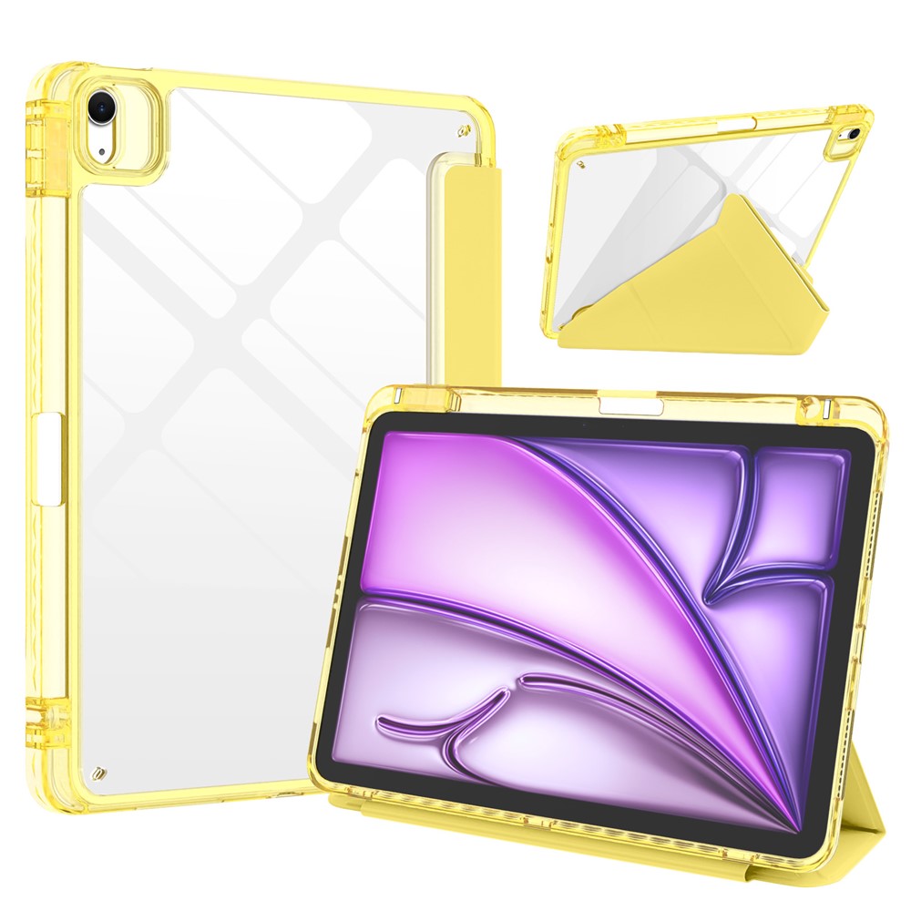 For iPad Air 13 (2026) / (2025) / (2024) Tablet Case Origami Stand Transparent Leather + TPU + Clear Acrylic Back Cover - Yellow