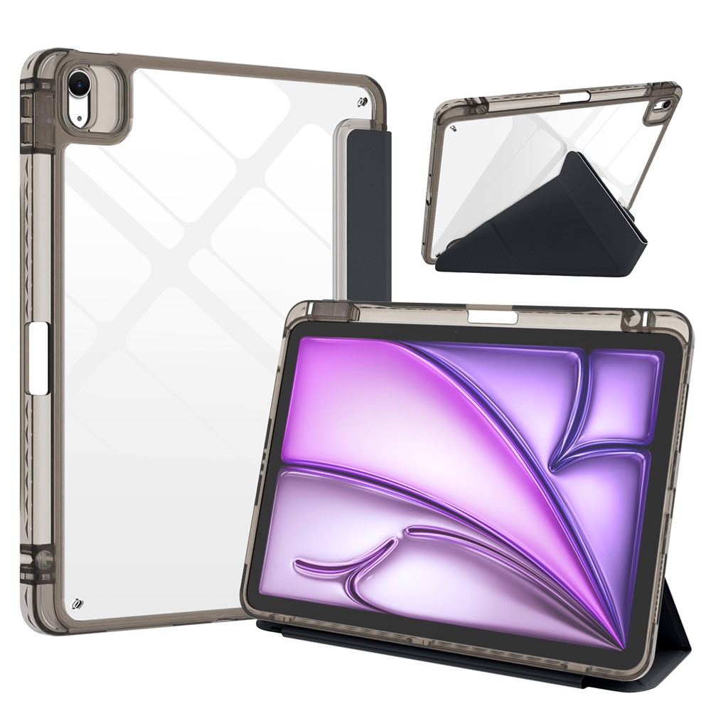 For iPad Air 13 (2026)  /  (2025)  /  (2024) Tablet Case Origami Stand Transparent Leather + TPU + Clear Acrylic Back Cover - Black