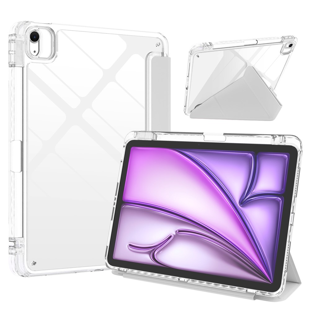 For iPad Air 13 (2026)  /  (2025)  /  (2024) Tablet Case Origami Stand Transparent Leather + TPU + Clear Acrylic Back Cover - Light Grey