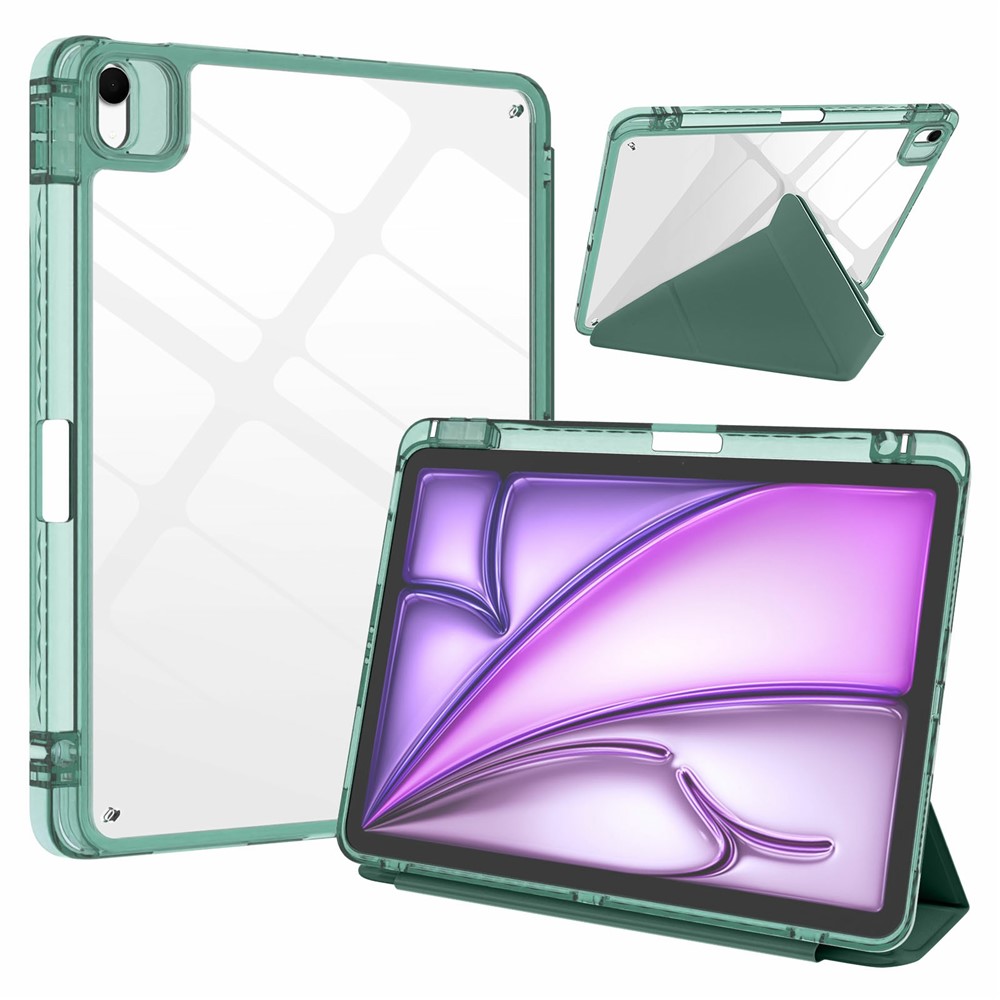 Tablet Case For iPad Air 13 (2026) / (2025) / (2024) / Pro 12.9 (2022) / (2021) / (2020) / (2018) Magnetic Closure Origami Stand Leather + TPU + Clear Acrylic Detachable Cover - Dark Green