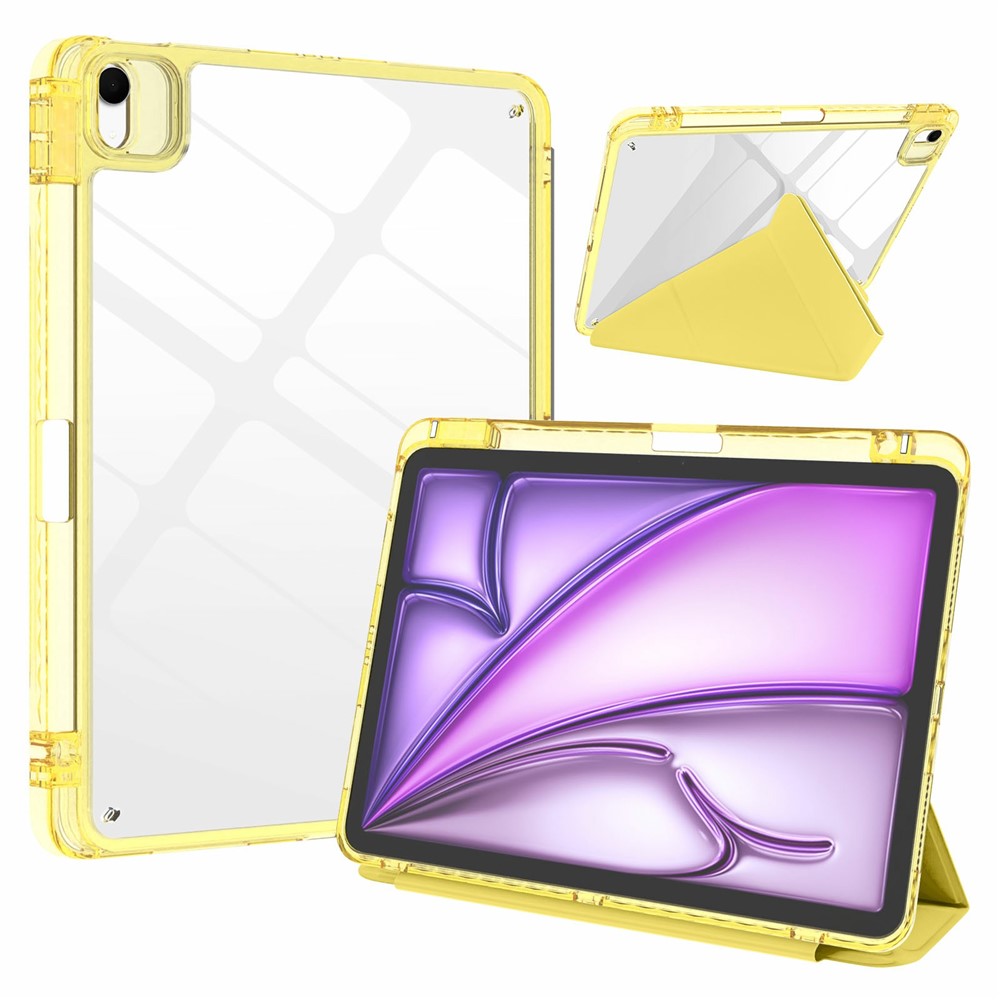 Tablet Case For iPad Air 13 (2026)  /  (2025)  /  (2024)  /  Pro 12.9 (2022)  /  (2021)  /  (2020)  /  (2018) Magnetic Closure Origami Stand Leather + TPU + Clear Acrylic Detachable Cover - Yellow