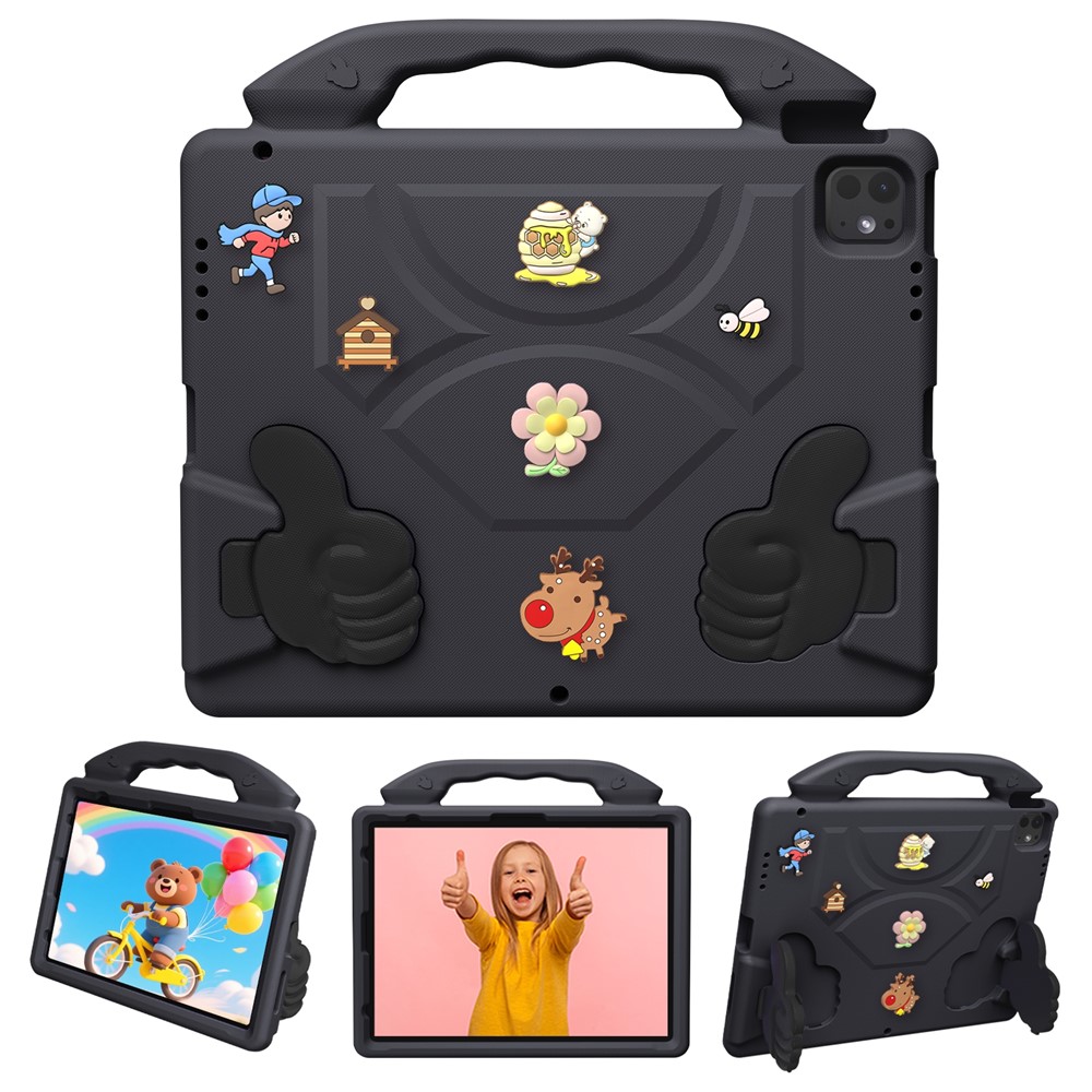 EVA Case for iPad Air 13 (2026) / (2025) / (2024) / iPad Pro 13 (2025) / (2024) / iPad Pro 12.9 (2022) / (2021) / (2020) / (2018) Cartoon Thumb Kickstand Shockproof Tablet Cover - Black