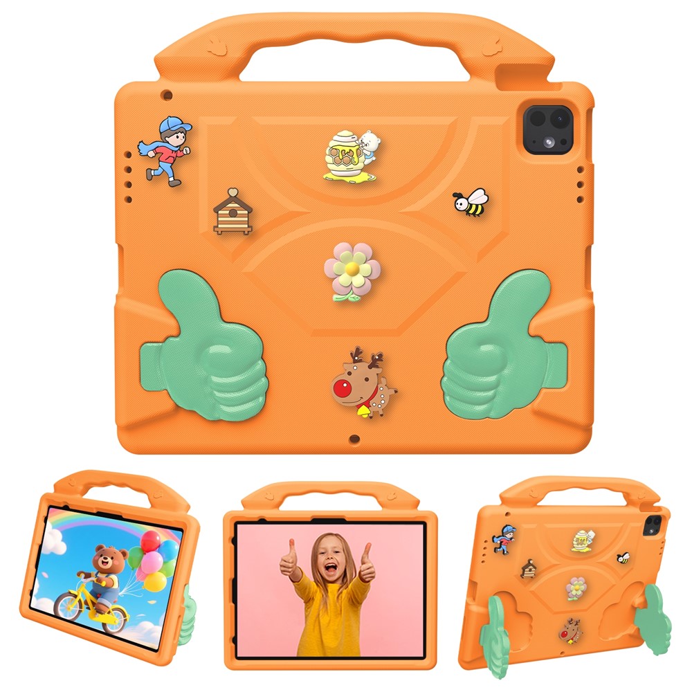 EVA Case for iPad Air 13 (2026) / (2025) / (2024) / iPad Pro 13 (2025) / (2024) / iPad Pro 12.9 (2022) / (2021) / (2020) / (2018) Cartoon Thumb Kickstand Shockproof Tablet Cover - Orange
