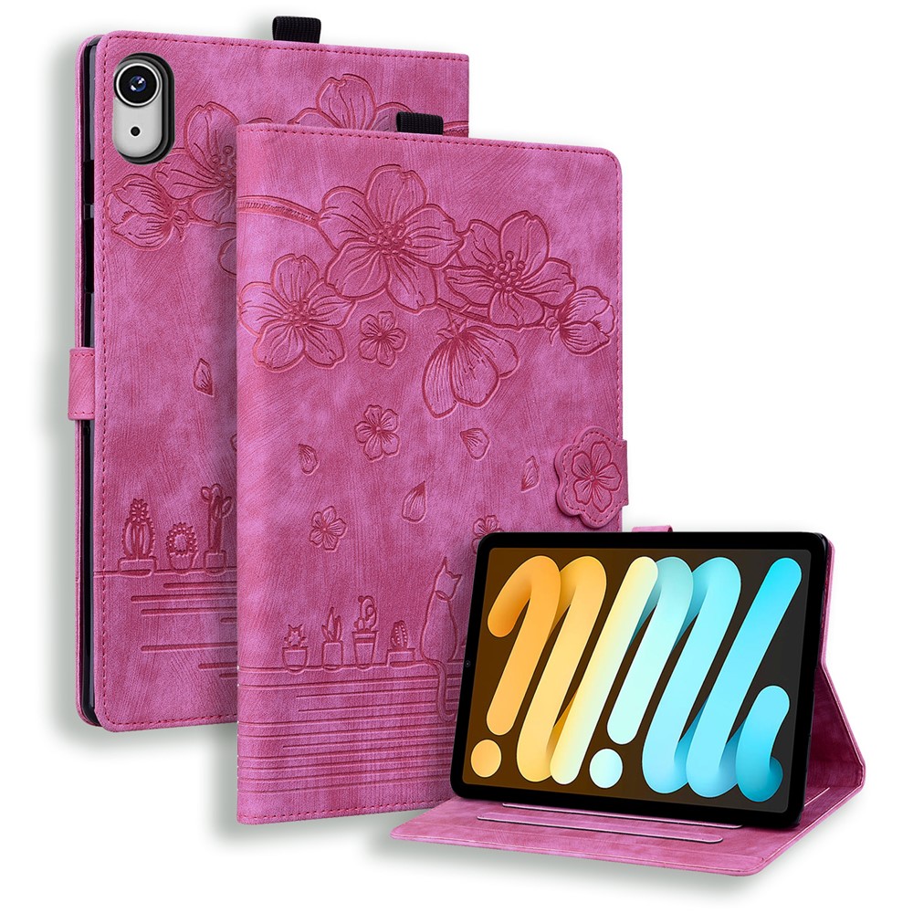 For iPad mini (2026) Case Card Slots Leather Tablet Stand Folio Cover Flower Cat - Rose