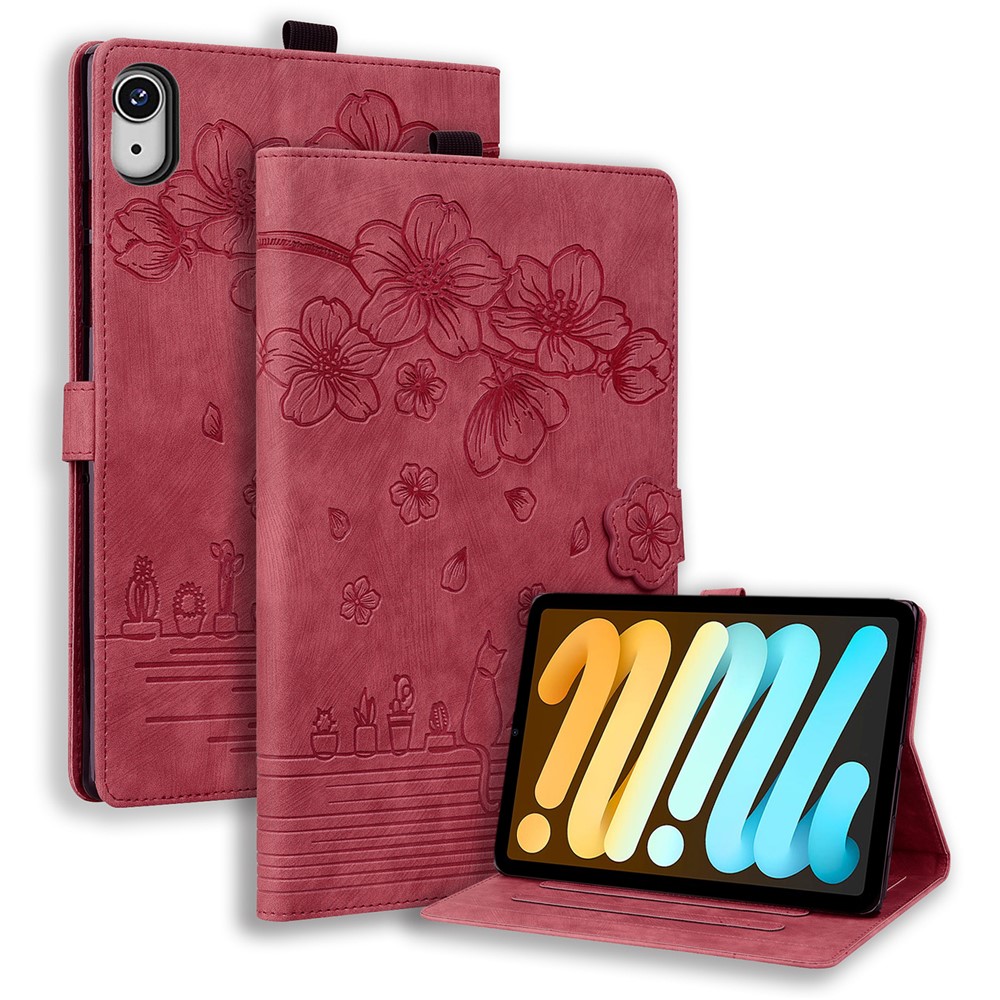 For iPad mini (2026) Case Card Slots Leather Tablet Stand Folio Cover Flower Cat - Red