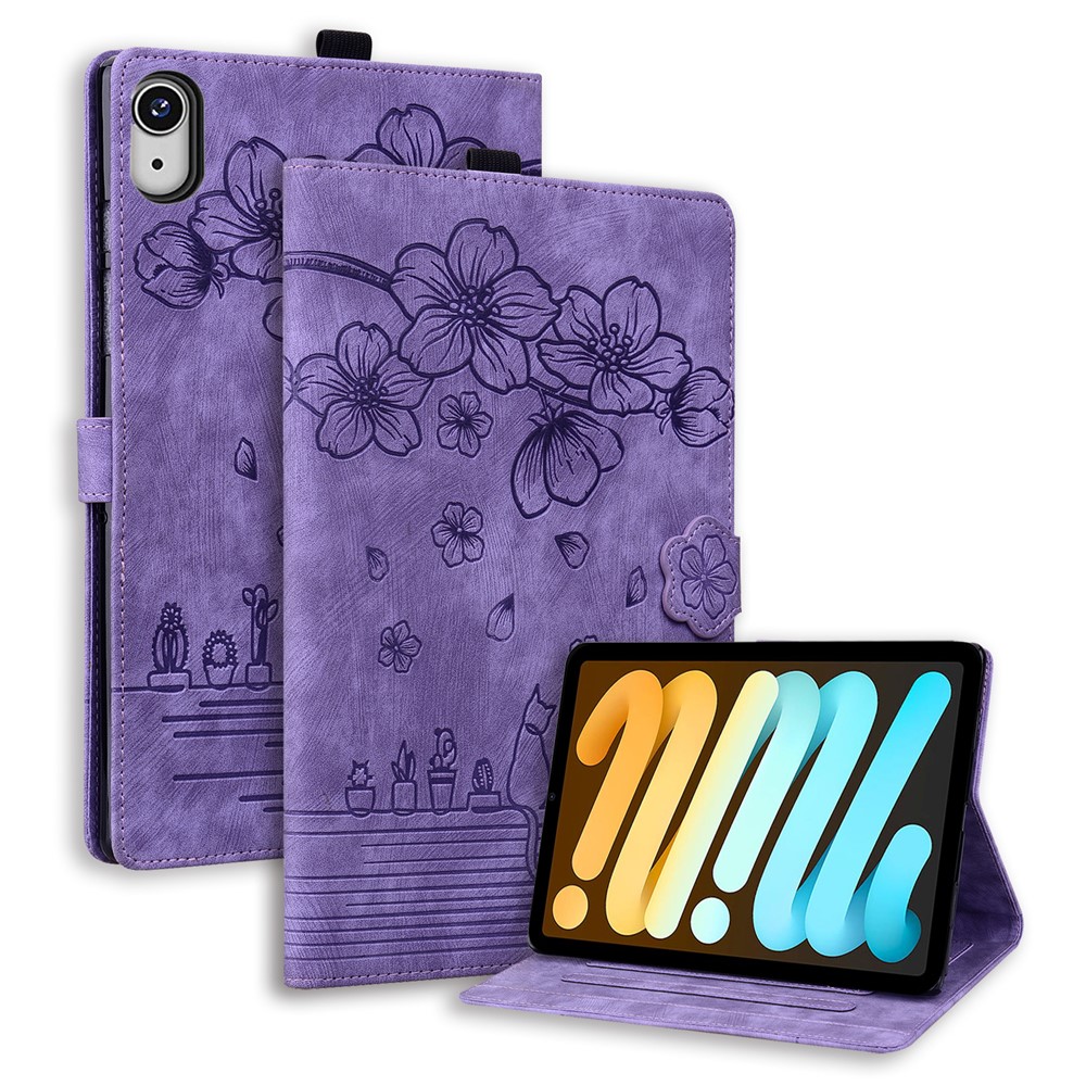 For iPad mini (2026) Case Card Slots Leather Tablet Stand Folio Cover Flower Cat - Purple