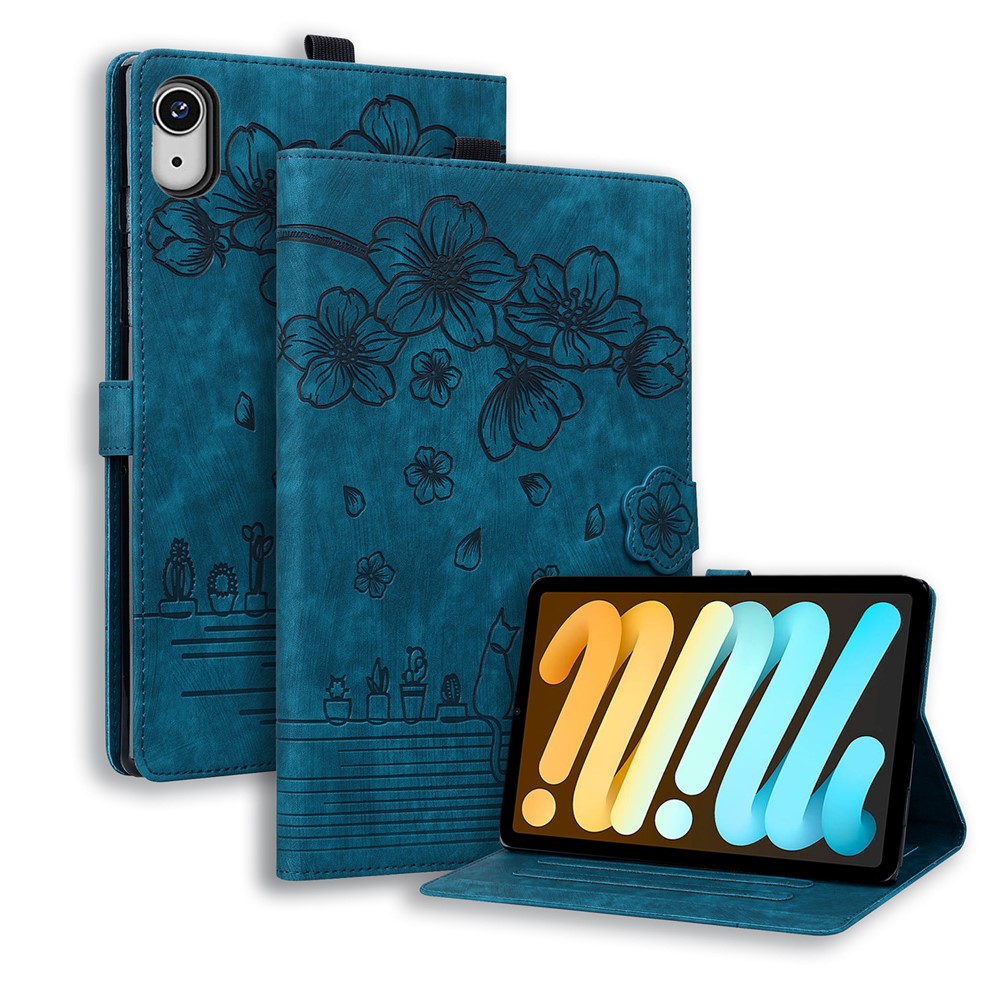 For iPad mini (2026) Case Card Slots Leather Tablet Stand Folio Cover Flower Cat - Blue