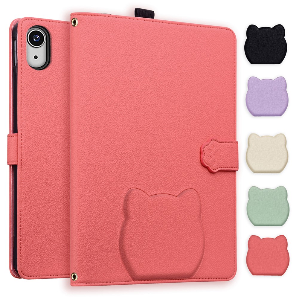 For iPad mini (2026) Wallet Case Leather Stand Table Cover with Stylus Holder, 3D Effect Cat Pattern - Watermelon Red